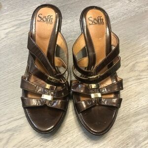 Sofft Brown Patent Leather Wedge Cork Sandals 9.5